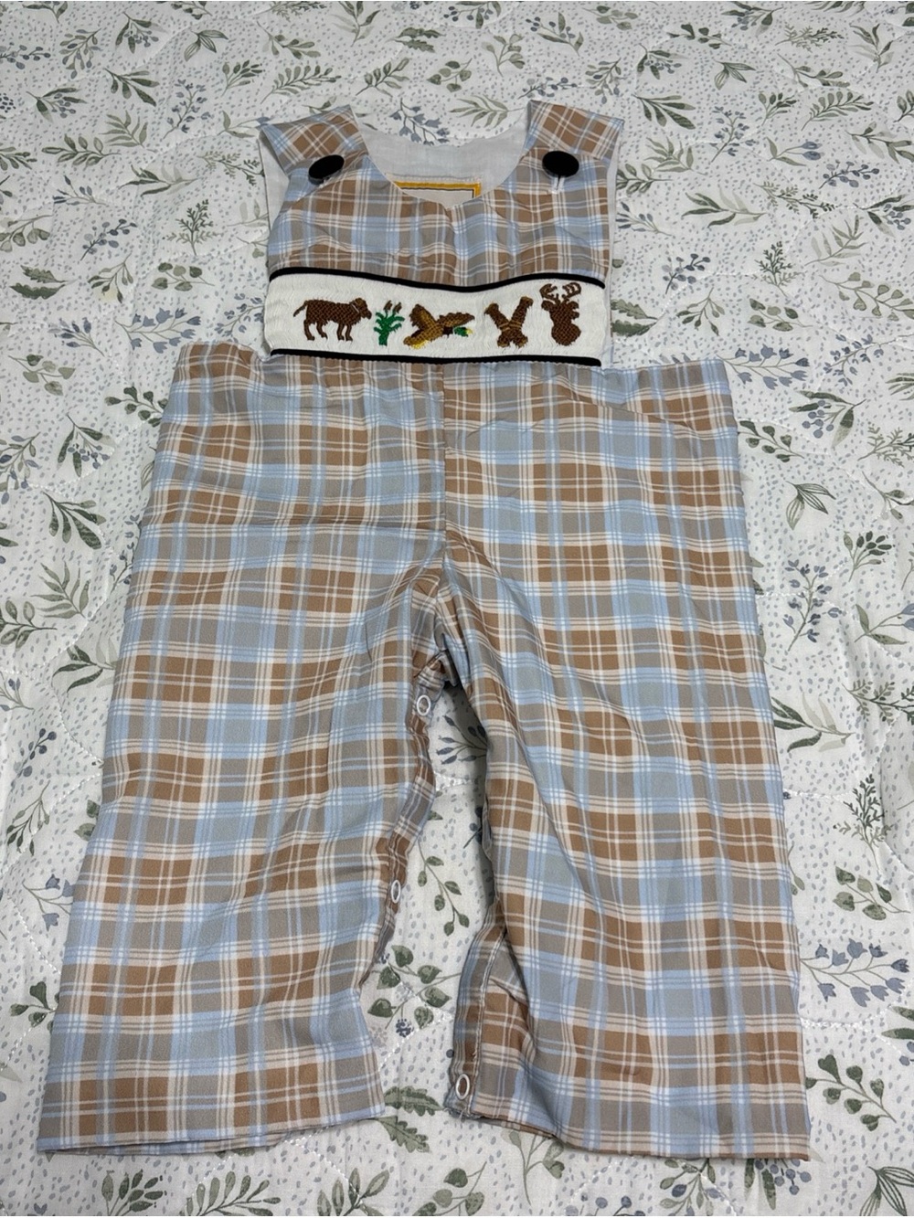 Smocked Plaid Woodland One-Piece Bodysuit - Light Blue & Brown